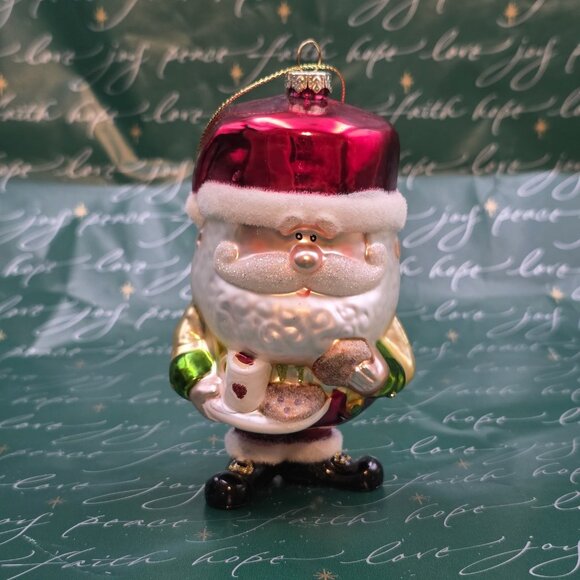 Hand Blown Glass Santa Claus Christmas Ornament Milk & Cookies Fuzzy Trim - Picture 1 of 6